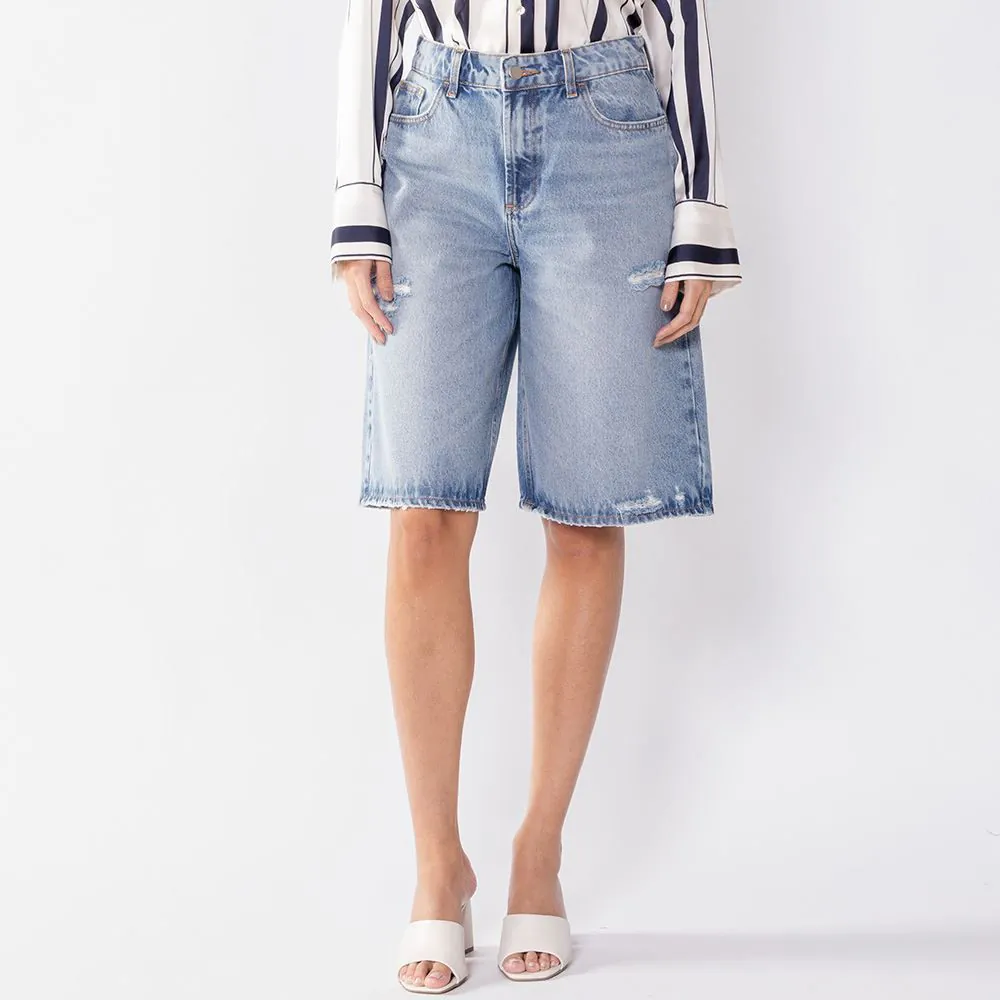 Bermuda Jorts Feminina Jeans Cintura Alta Patricia Foster Azul Medio