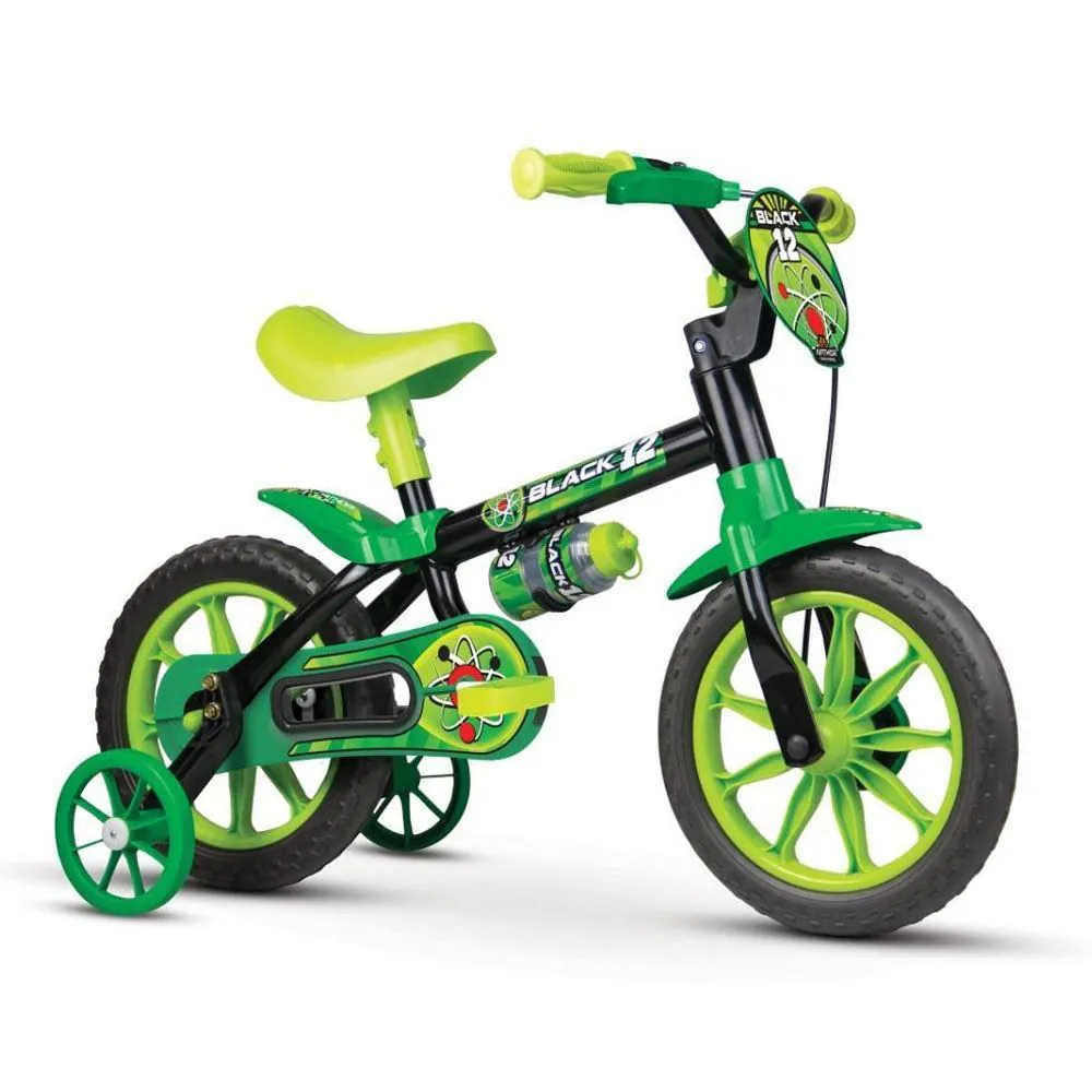 Bicicleta Infantil Black Aro 12 com Garrafinha Nathor - Preto