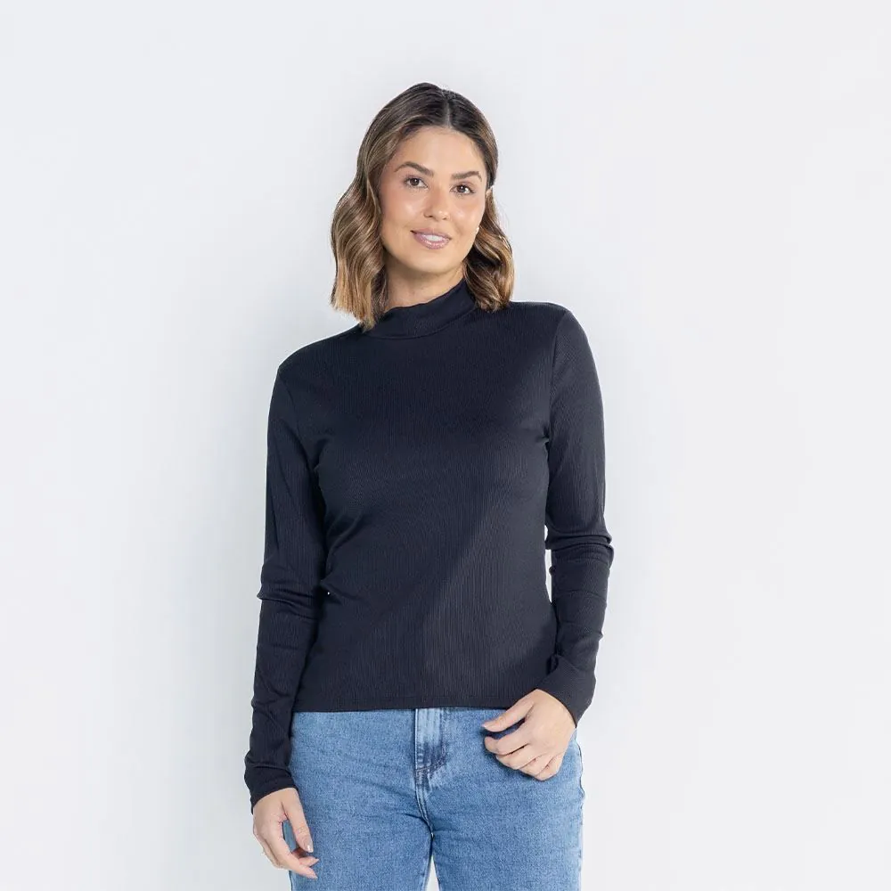 Blusa Feminina com Gola Alta Canelada Patricia Foster Preto