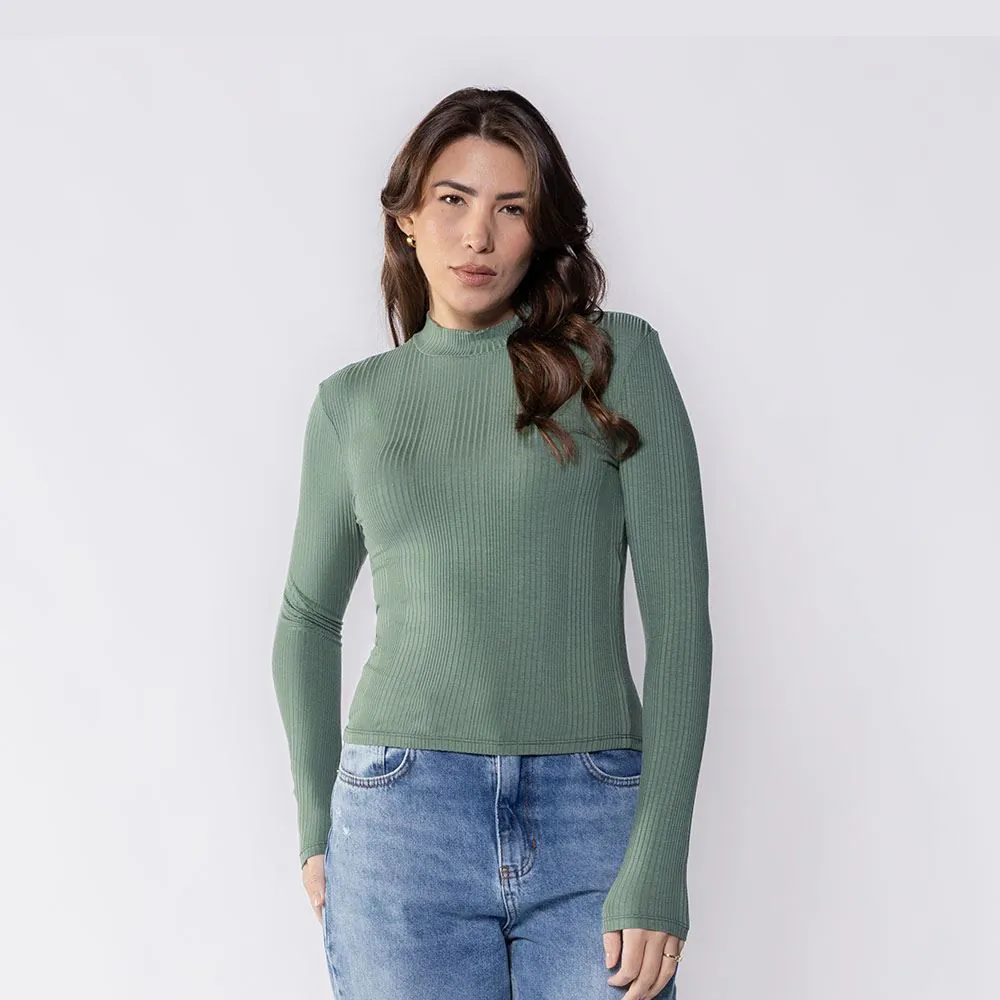 Blusa Feminina com Manga Longa e Gola Alta Canelada Patricia Foster Verde Oliva