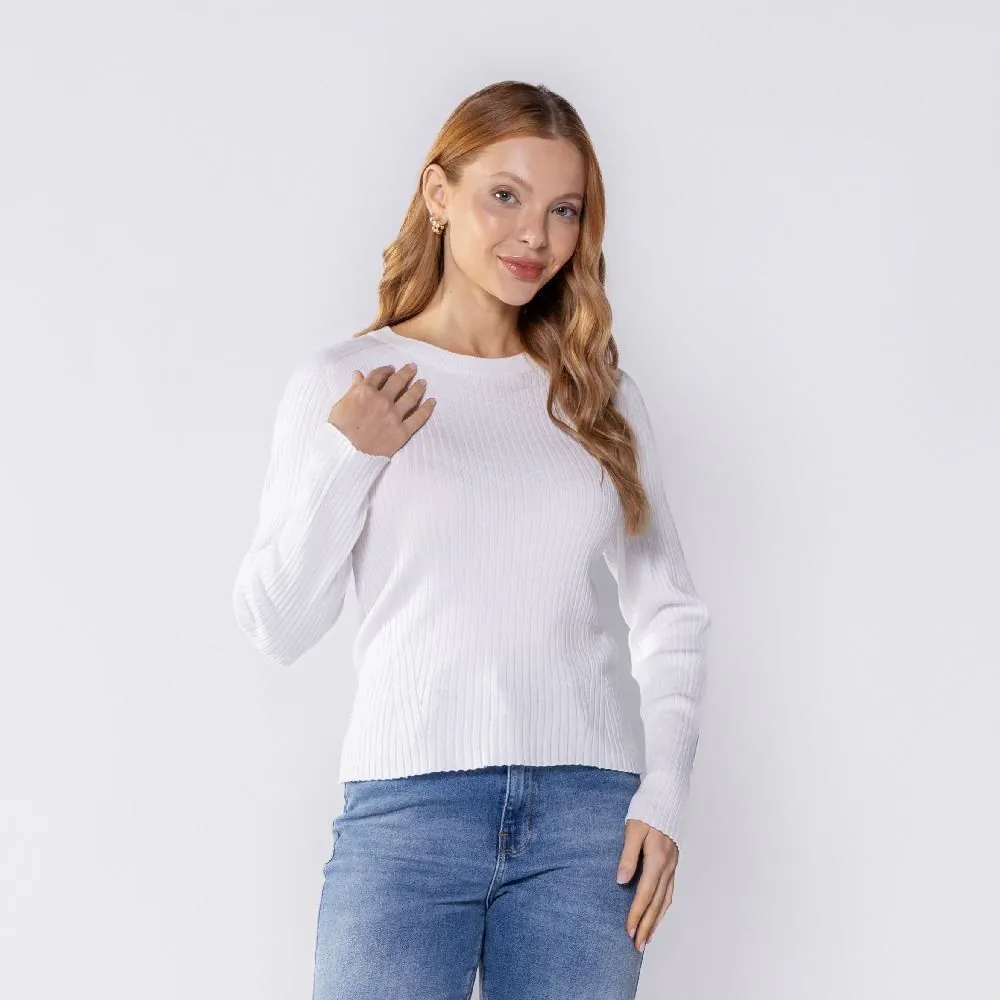 Blusa Feminina de Tricot Canelado Manga Longa Boby Blues Branco