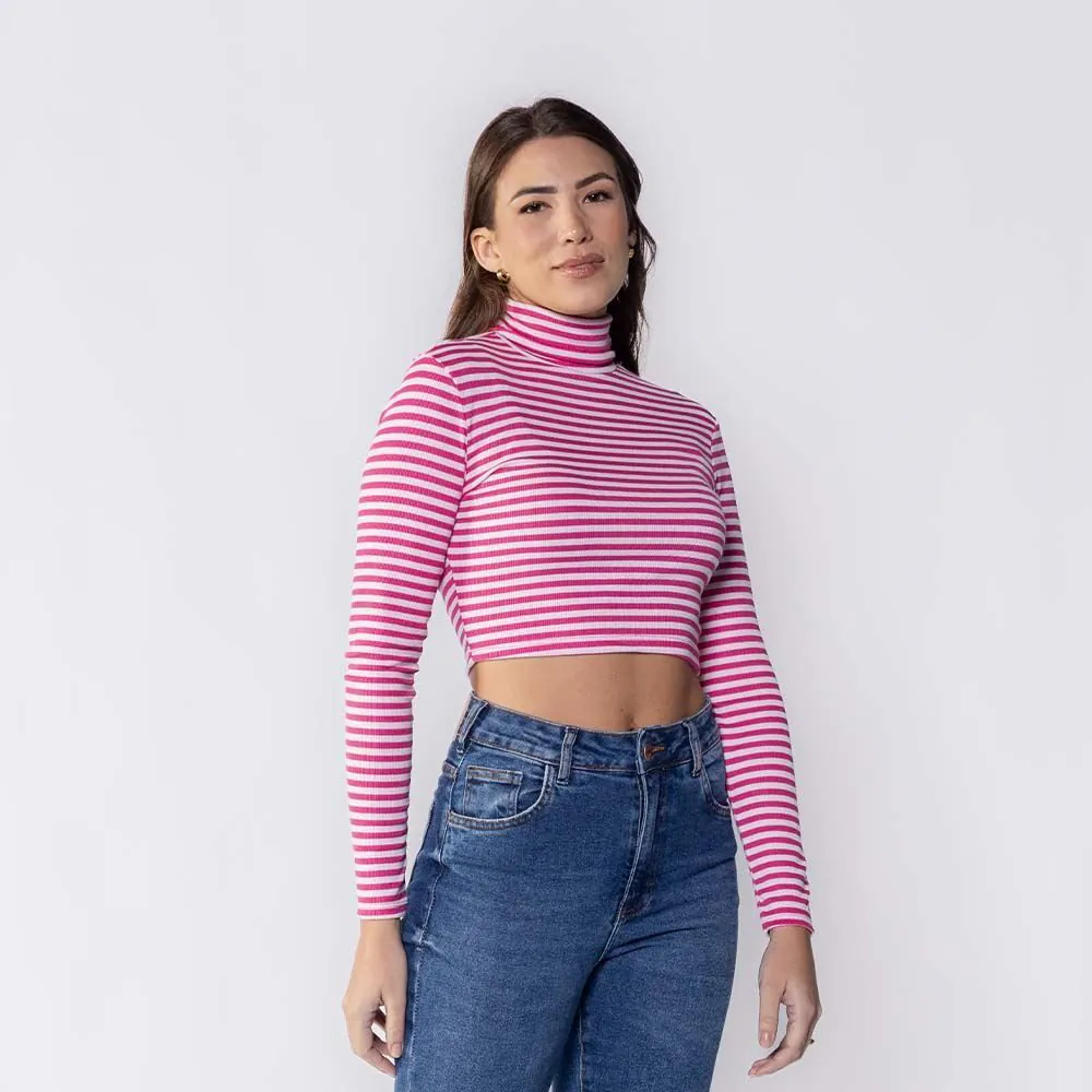 Blusa Feminina Listrada de Gola Alta Boby Blues Pink/Off