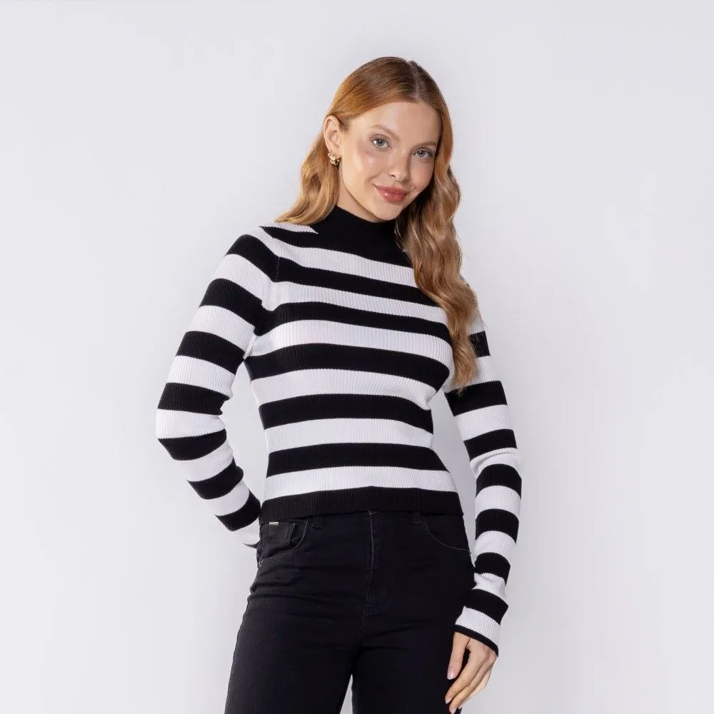 Blusa Feminina Listrada de Tricot Canelado Boby Blues Branco/Preto