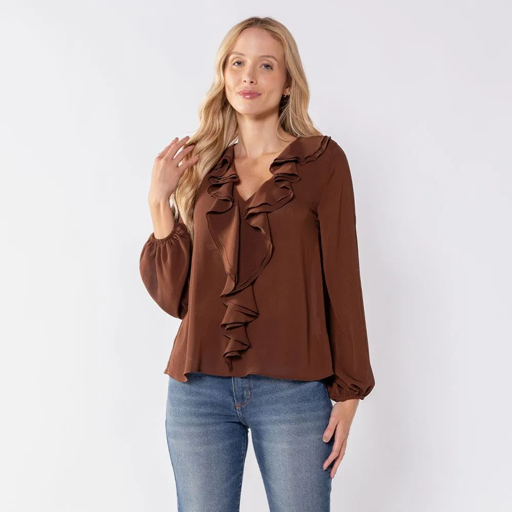 Blusa Feminina Manga Longa com Babados Boby Blues Marrom
