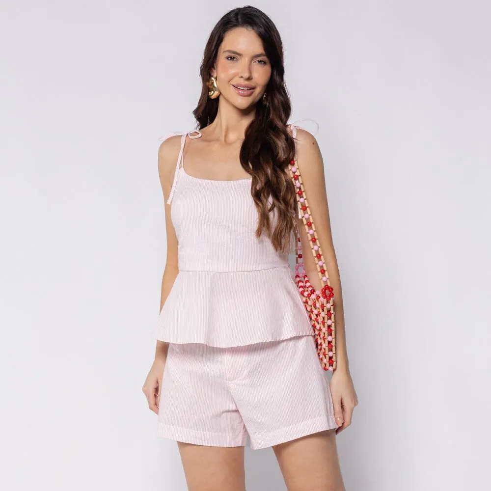 Blusa Feminina Peplum em Algodão Boby Blues Listra Rosa