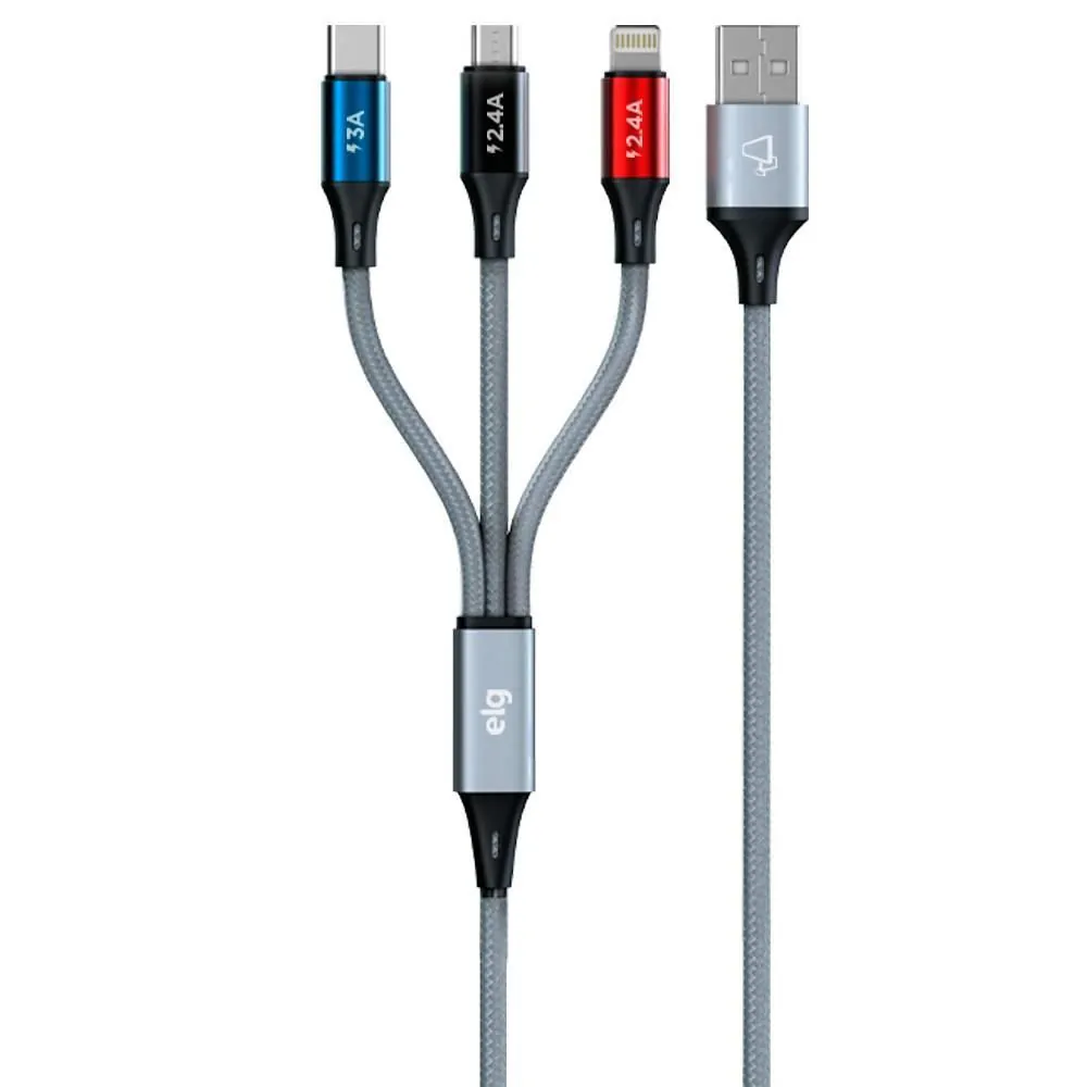 Cabo 3 em 1 Turbo Tipo-C Micro Usb Compatível com Lightning Elg 1,2M