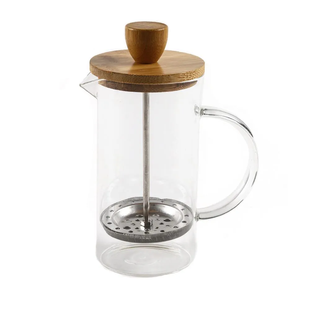 Cafeteira Prensa Francesa Tampa de Bambu Wolff 400Ml - Transparente e Bambu