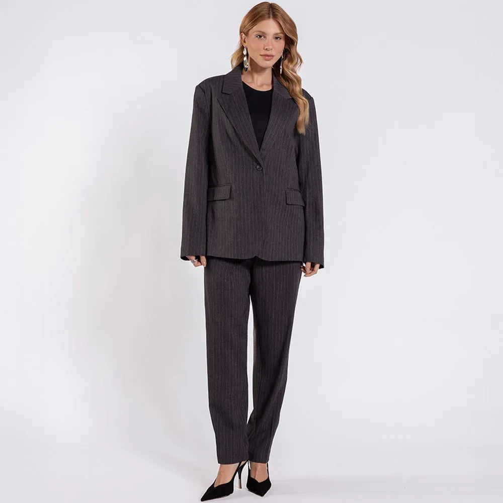 Calça Feminina Alfaiataria Risca de Giz Patricia Foster Cinza