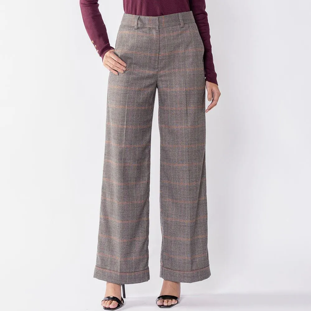 Calça Feminina de Alfaiataria Wide Leg Patricia Foster Xadrez