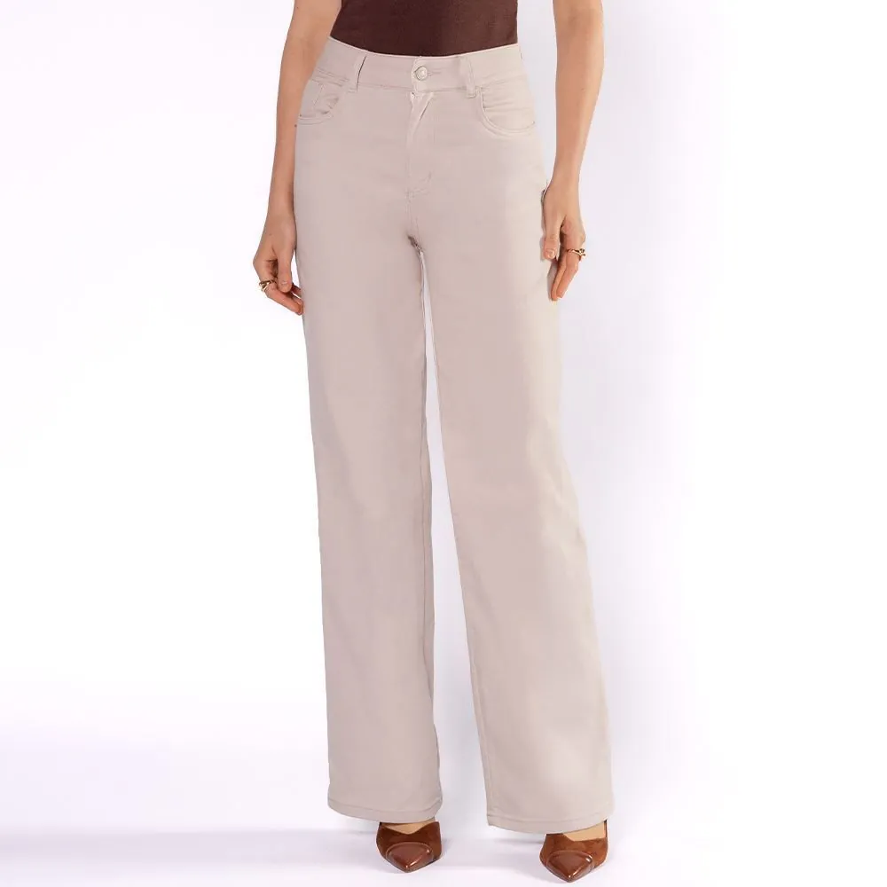 Calça Feminina Wide Leg Collor em Sarja Sawary Areia