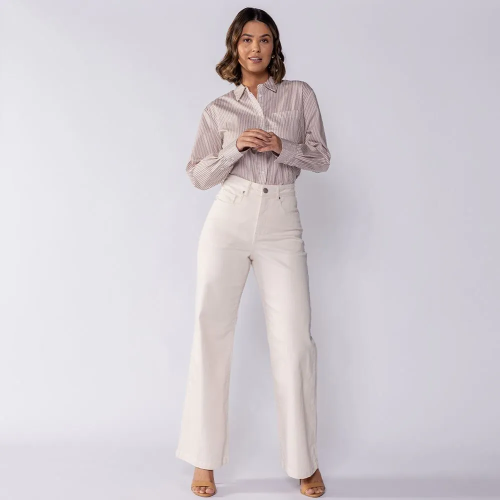 Calça Feminina Wide Leg Collor Sarja Boby Blues Off White