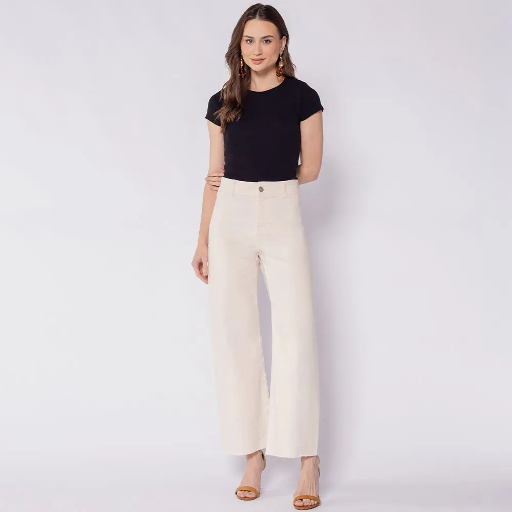 Calça Feminina Wide Leg Cropped em Sarja Patricia Foster Off White