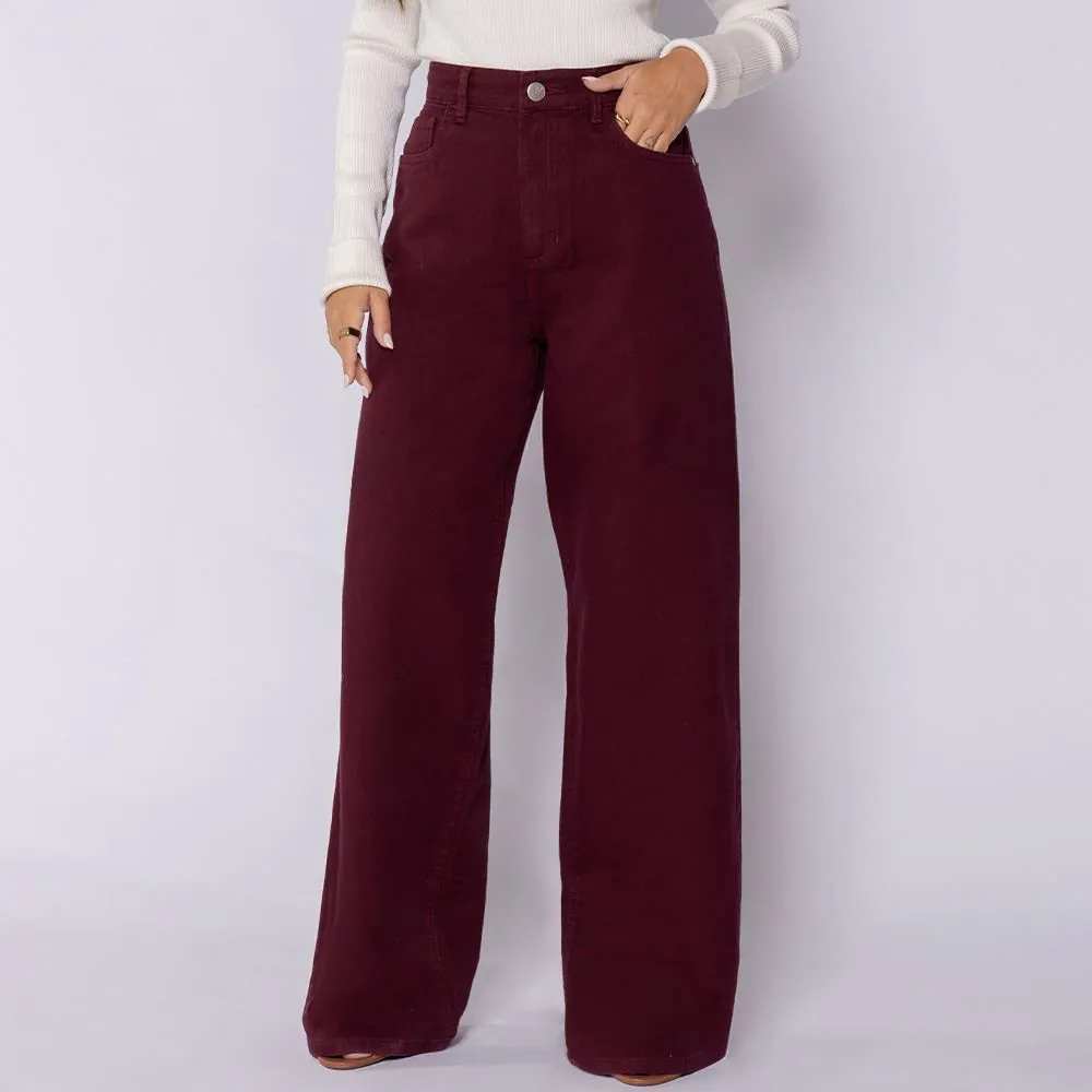 Calça Feminina Wide Leg em Sarja Patricia Foster Bordo