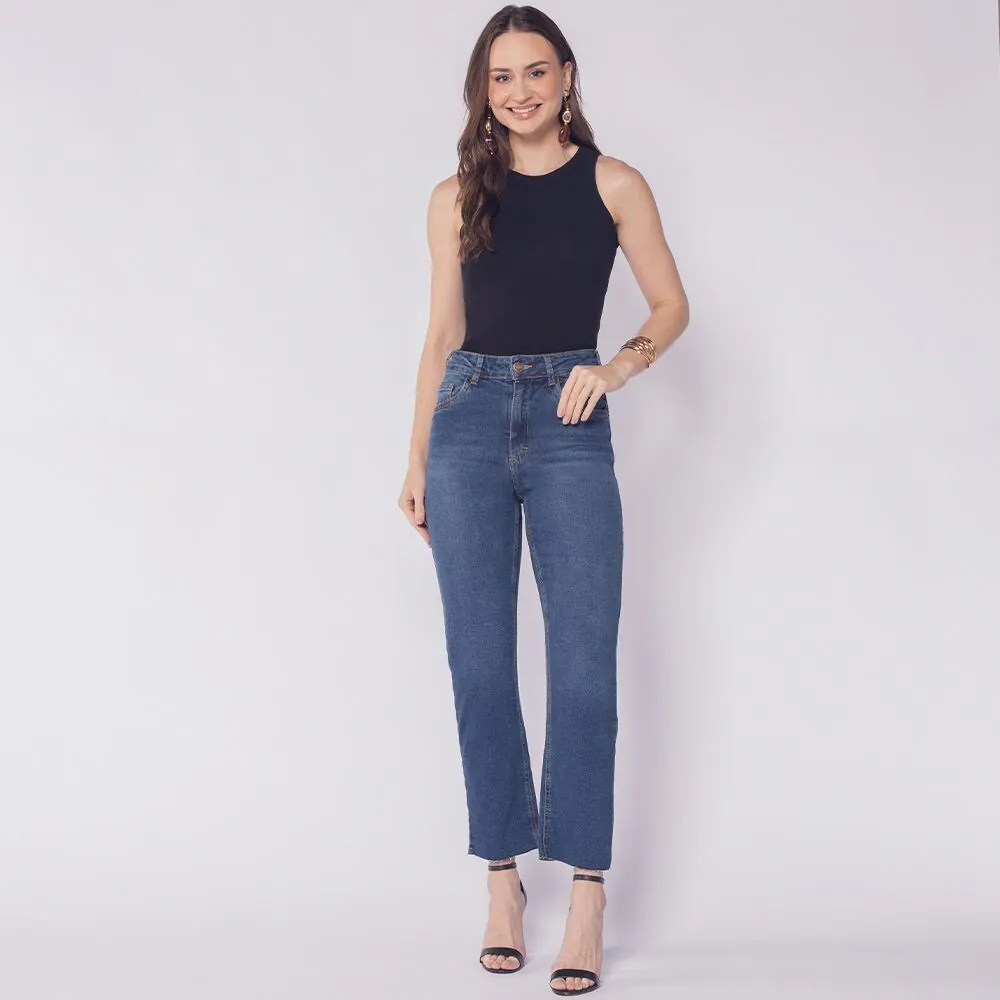Calça Jeans Cropped Reta Patricia Foster Azul Escuro