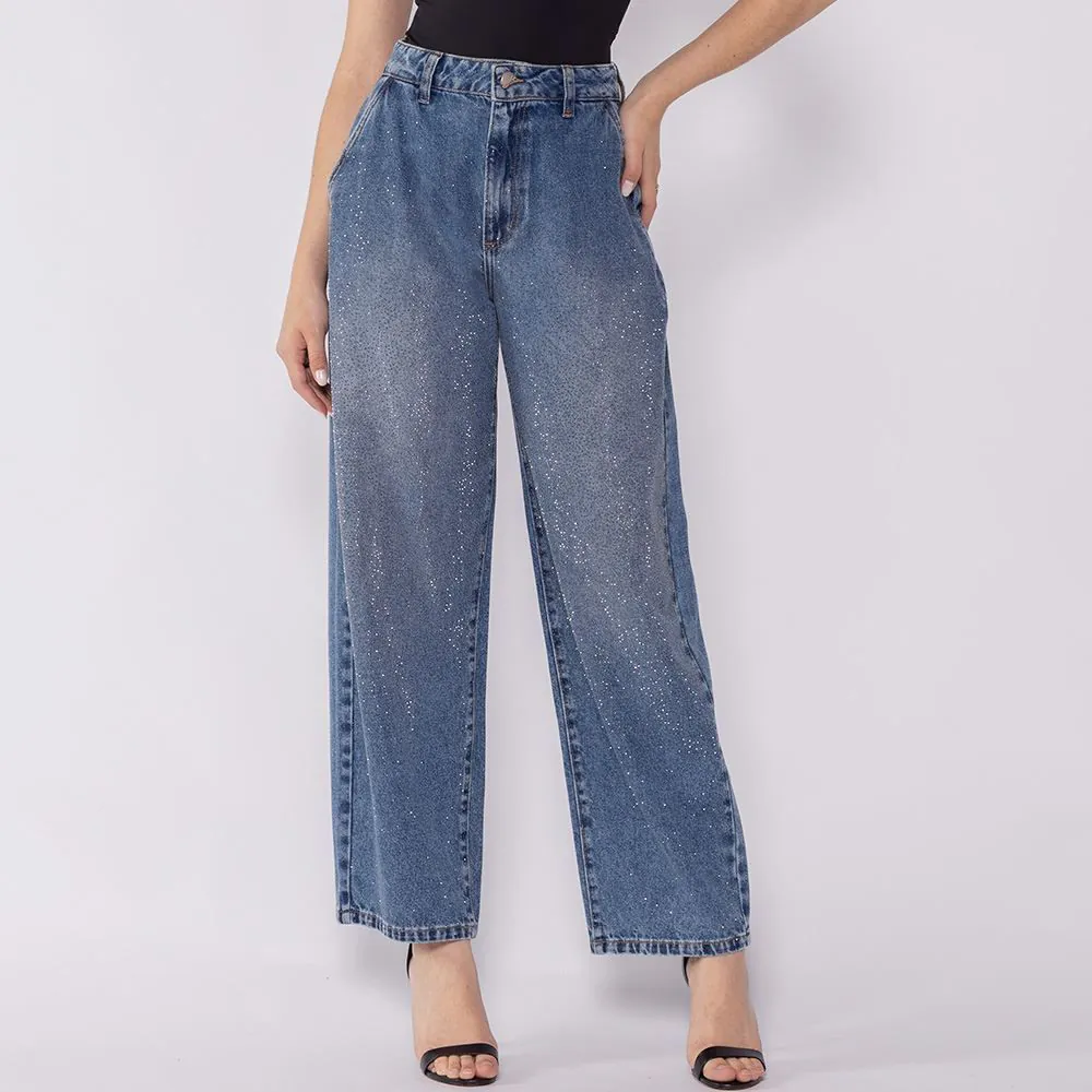 Calça Jeans Feminina Balloon com Strass Boby Blues Azul Medio