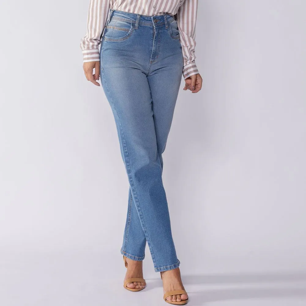 Calça Jeans Feminina Reta com Elástico Patricia Foster Azul Claro