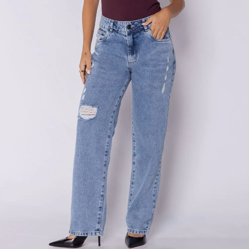 Calça Jeans Feminina Reta com Rasgos Sawary Azul Claro