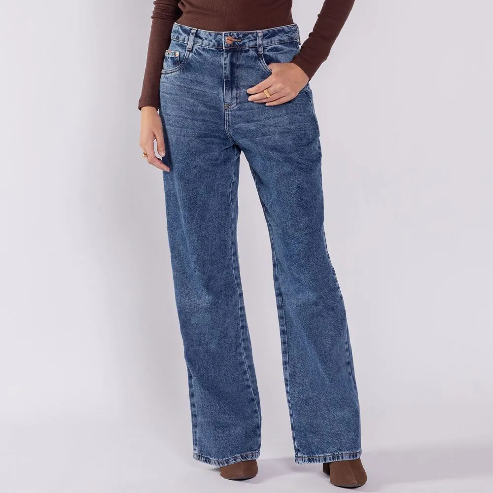 Calça Jeans Feminina Wide Leg Boby Blues Azul Escuro