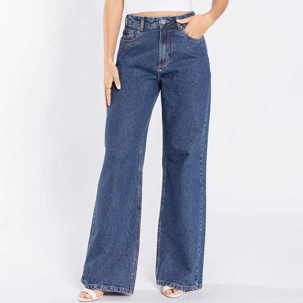 Calça Jeans Feminina Wide Leg Patricia Foster Azul Escuro
