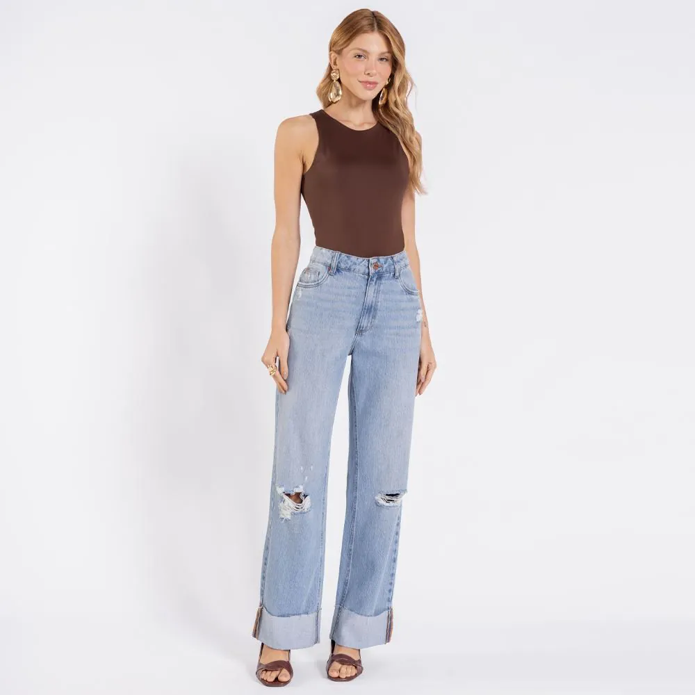 Calça Jeans Feminina Wide Leg Reta Boby Blues Azul Claro