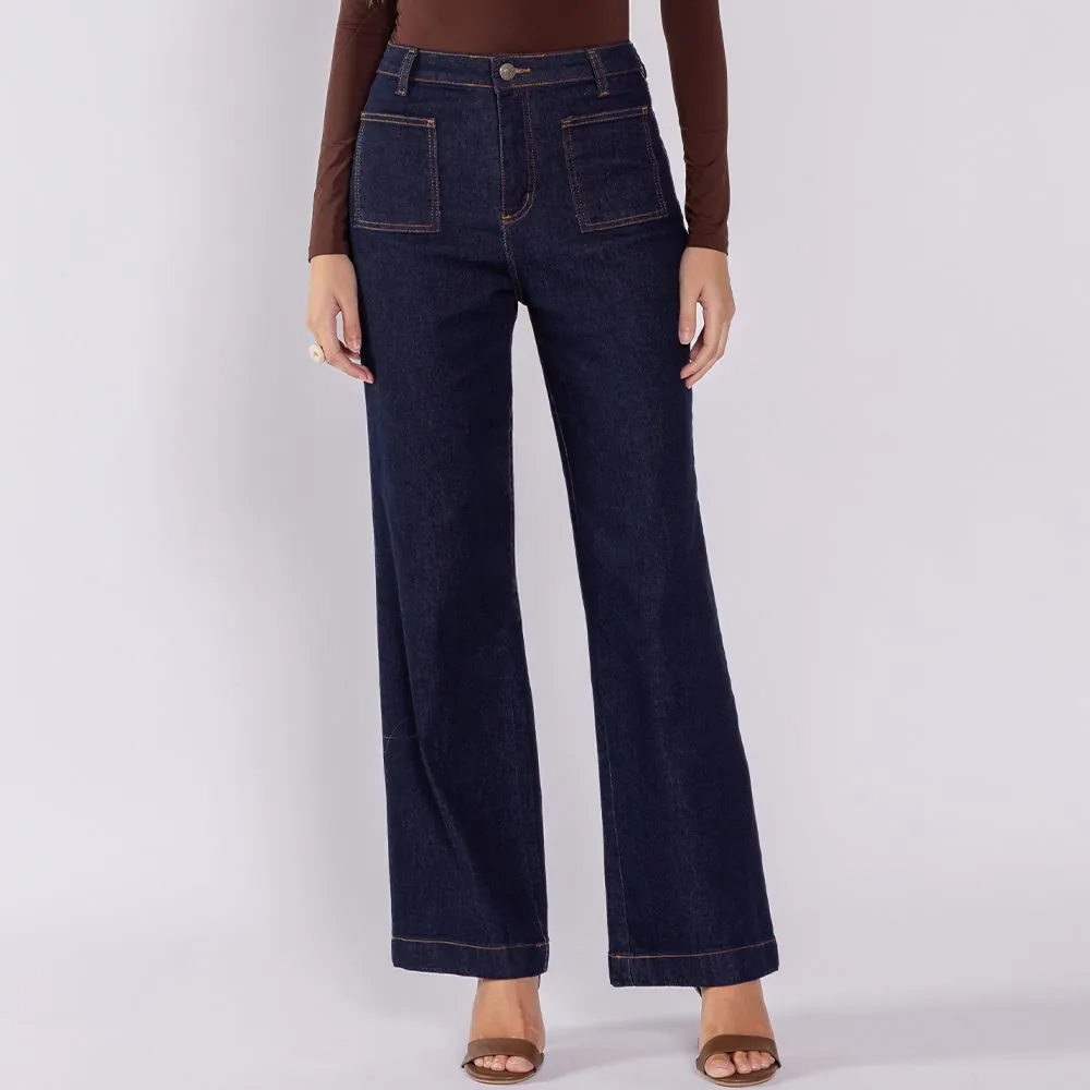 Calça Jeans Wide Leg Feminina com Bolso Frontal Sawary Amaciado