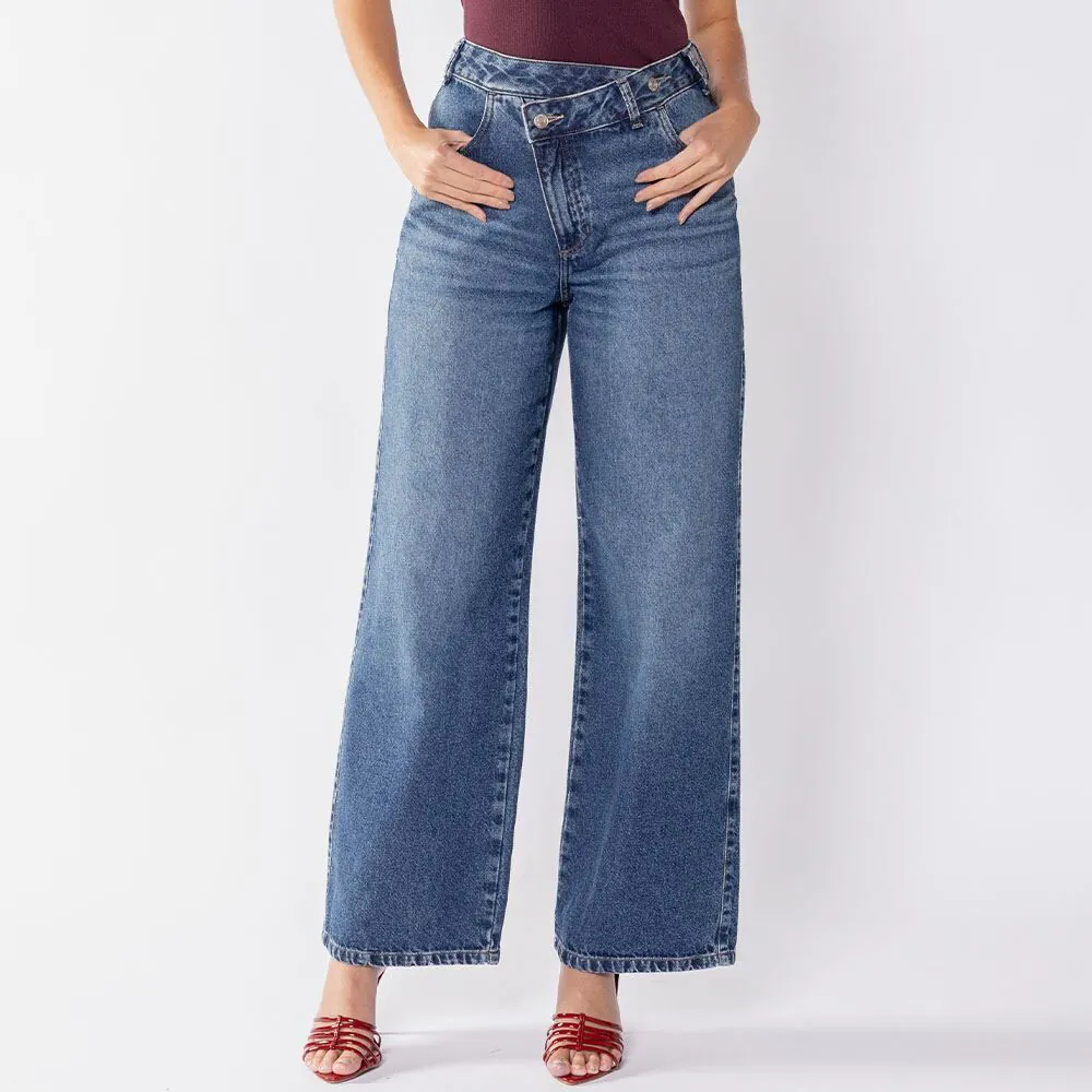 Calça Jeans Wide Leg Feminina Cós Deslocado Boby Blues Azul Medio