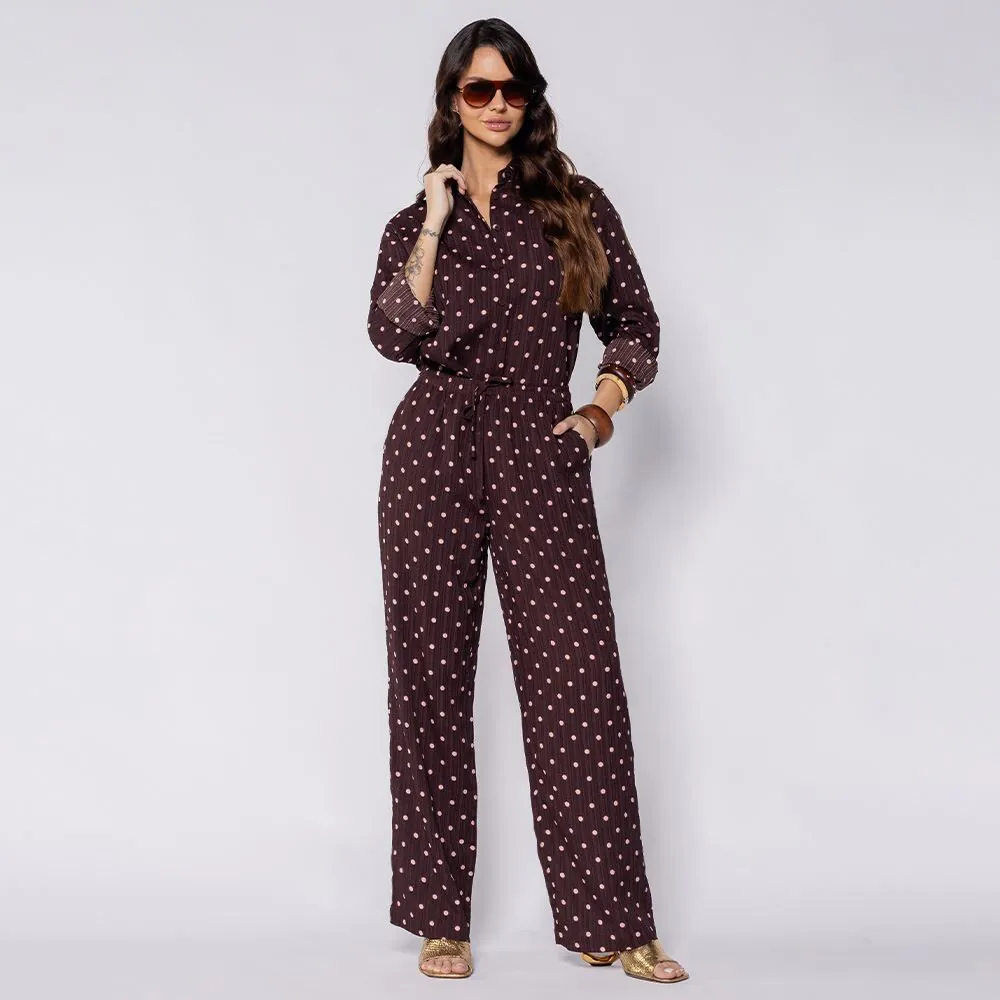 Calça Pantalona Estilo Pijama Boby Blues Poa Marrom/Rosa