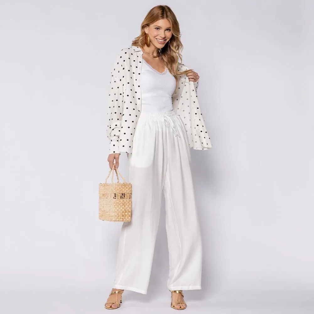 Calça Pantalona Estilo Pijama Patricia Foster Off White