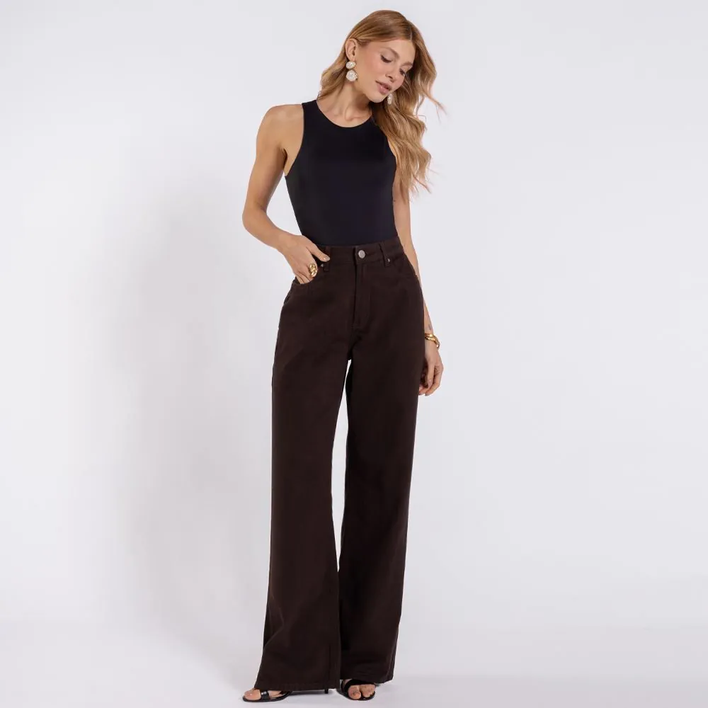 Calça Wide Leg Feminina em Sarja Patricia Foster Marrom