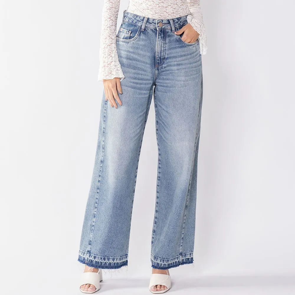 Calça Wide Leg Jeans Barra Desfiada Boby Blues Azul Claro