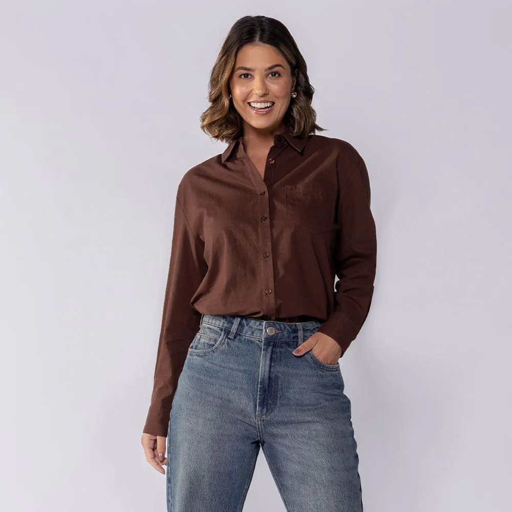 Camisa Feminina Alongada de Tricoline Boby Blues Marrom