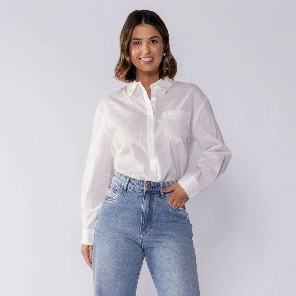 Camisa Feminina Alongada de Tricoline Boby Blues Off White
