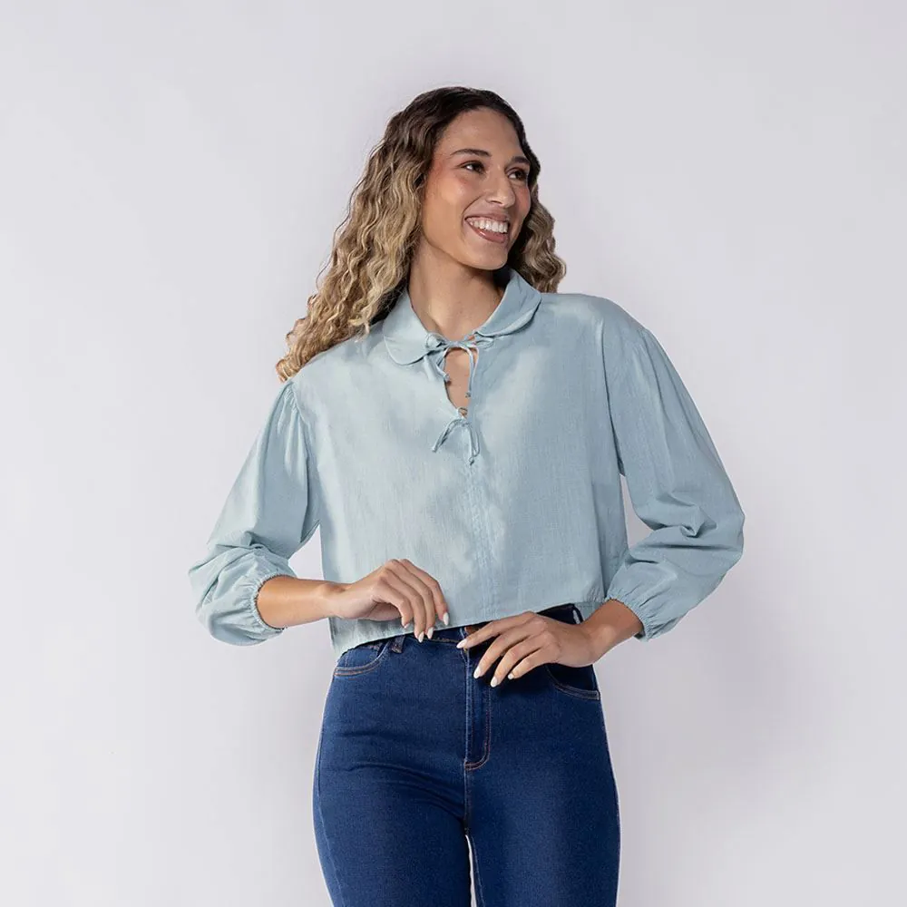 Camisa Feminina Cropped com Laço Boby Blues Azul Claro