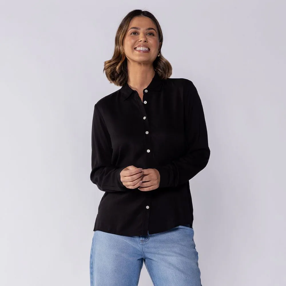 Camisa Feminina Manga Longa de Viscose Patricia Foster Preto