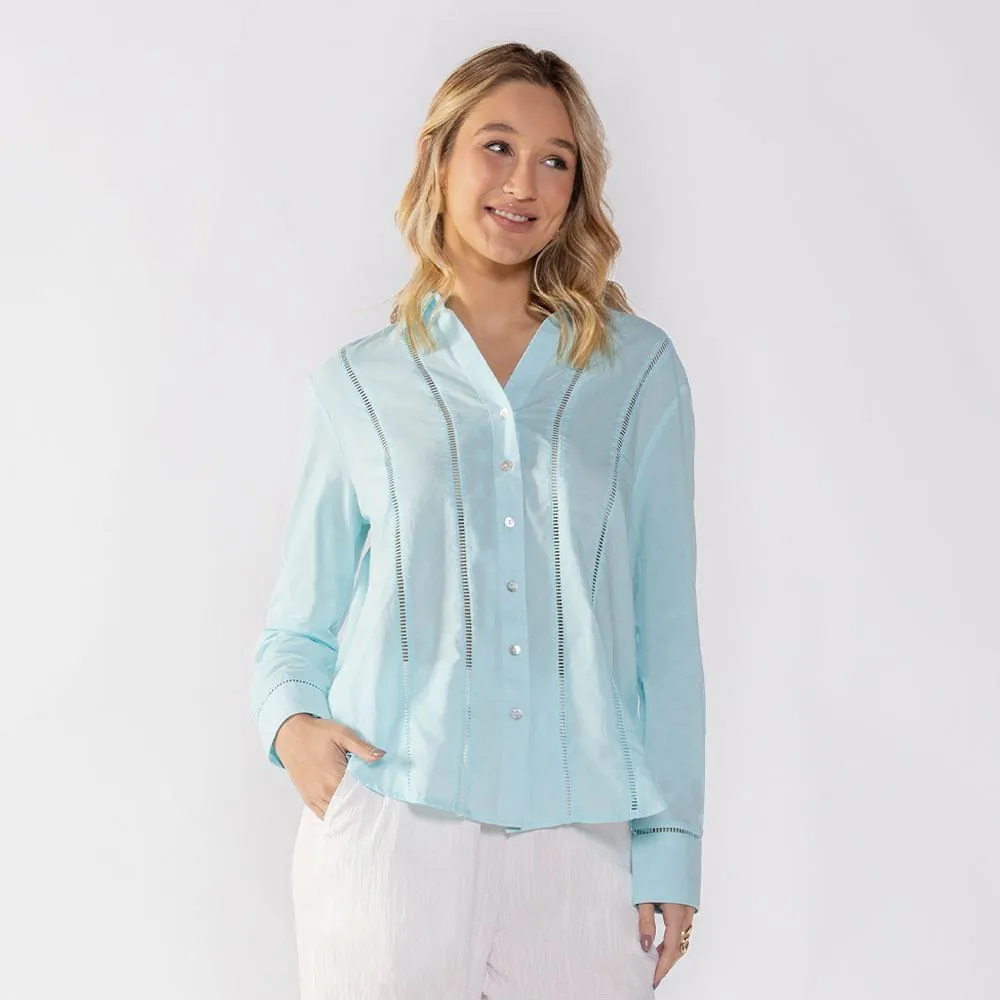 Camisa Feminina Manga Longa com Detalhe Patricia Foster Agua Viva