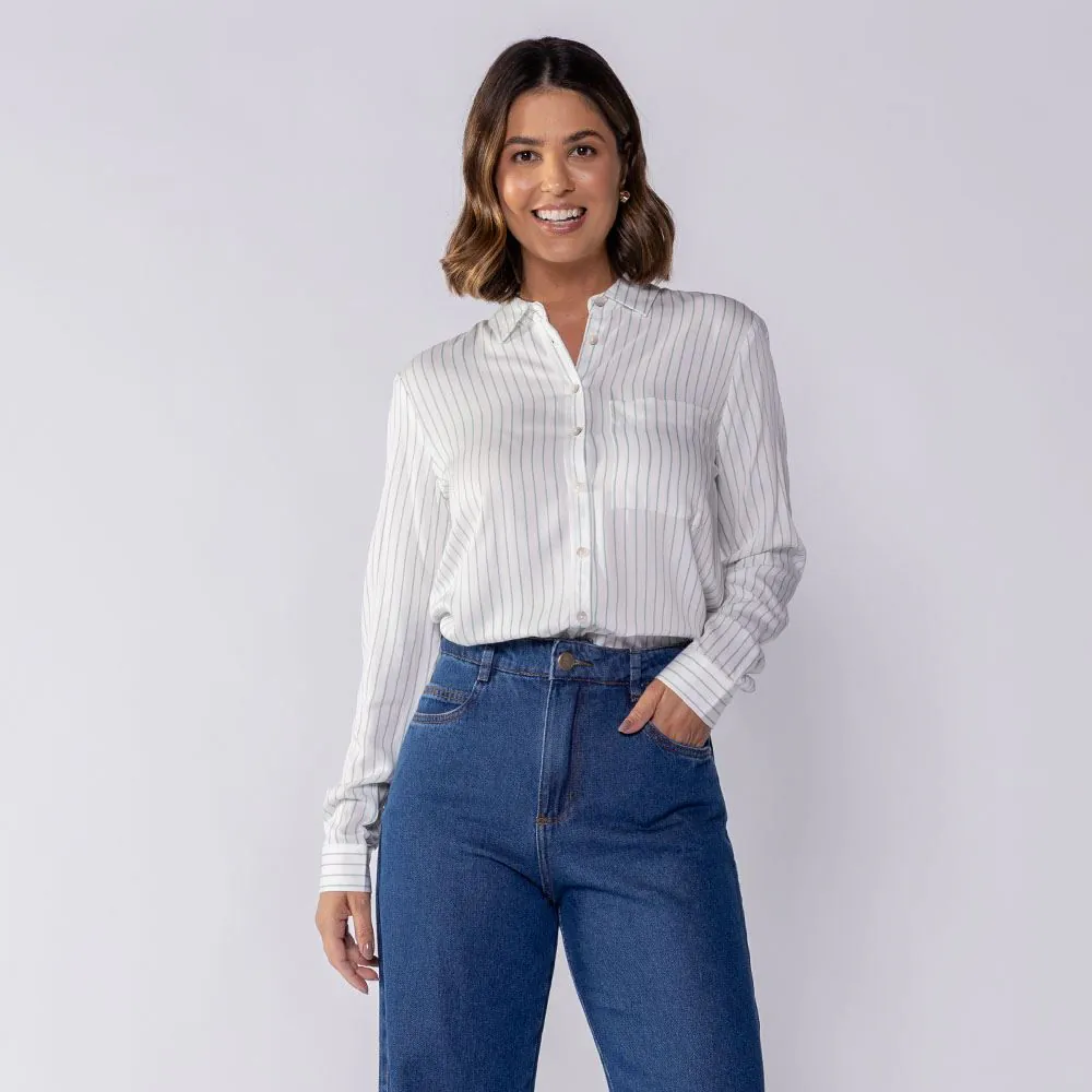 Camisa Feminina Manga Longa de Viscose Patricia Foster Off White/ Menta