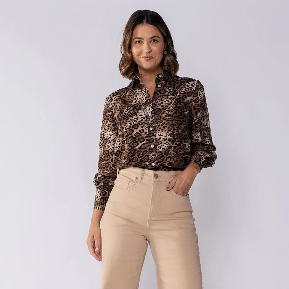 Camisa Feminina Manga Longa em Crepe Patricia Foster Onca Marrom