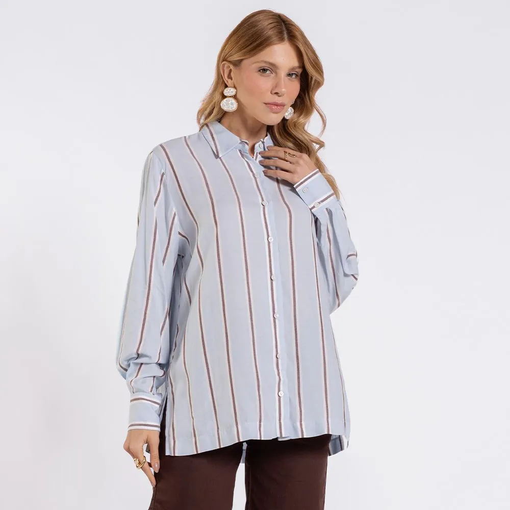 Camisa Feminina Manga Longa Oversized Patricia Foster Azul/Marrom