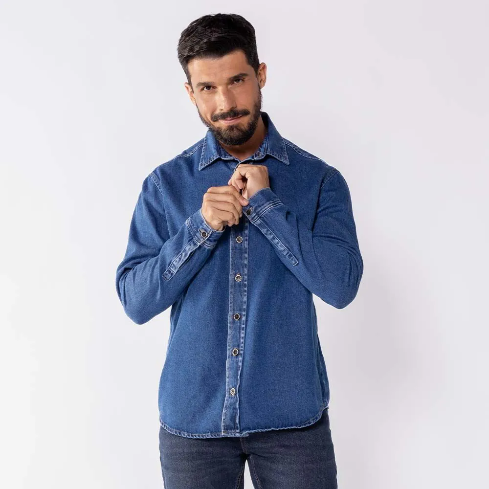 Camisa Jeans Masculina Marc Alain Azul Medio