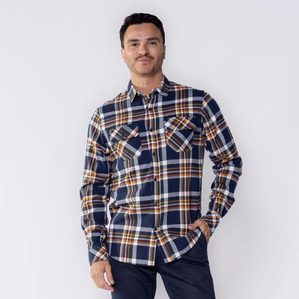 Camisa Masculina Xadrez de Flanela com Bolso Marc Alain Marinho/Caramelo
