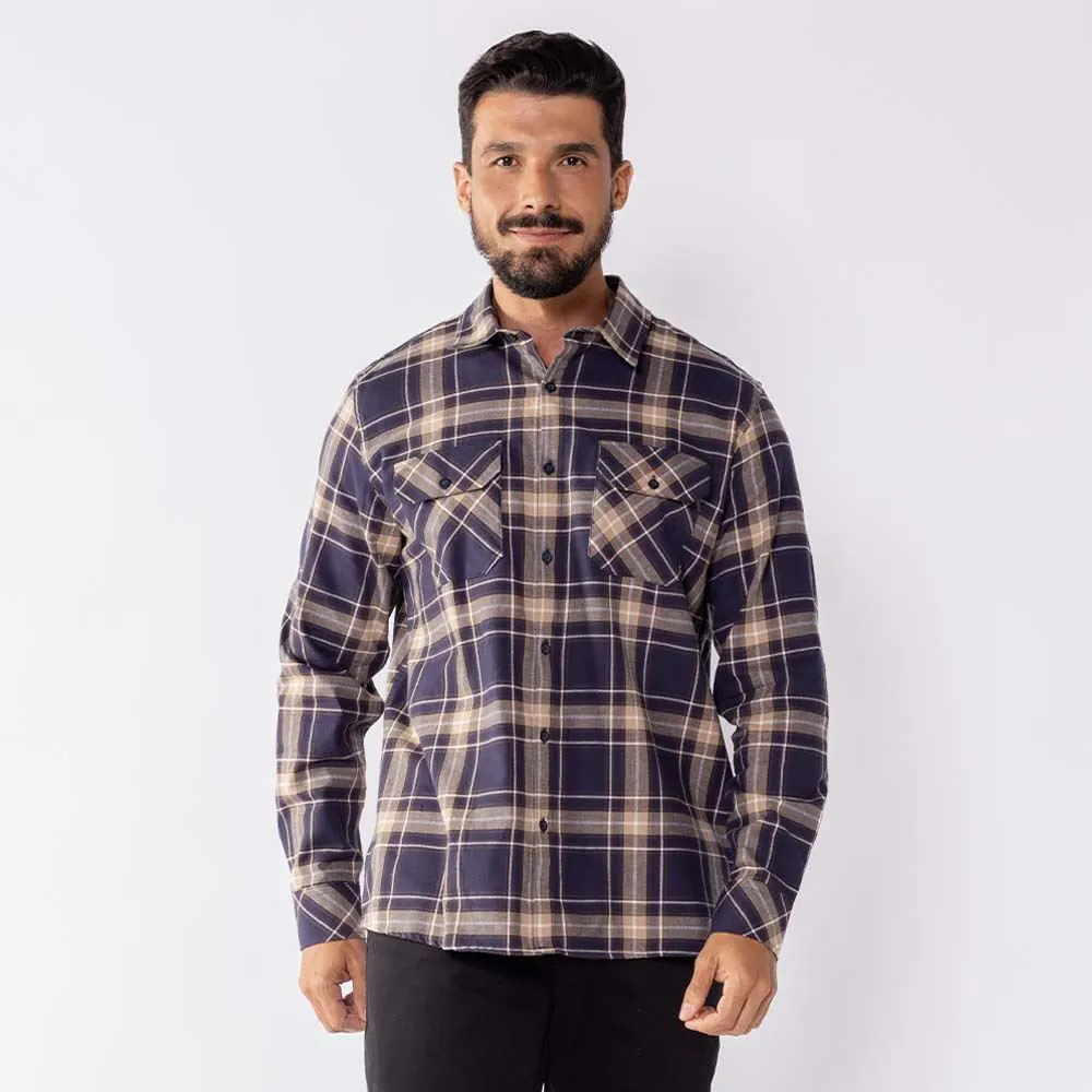 Camisa Masculina Xadrez em Algodão Marc Alain Azul Marinho