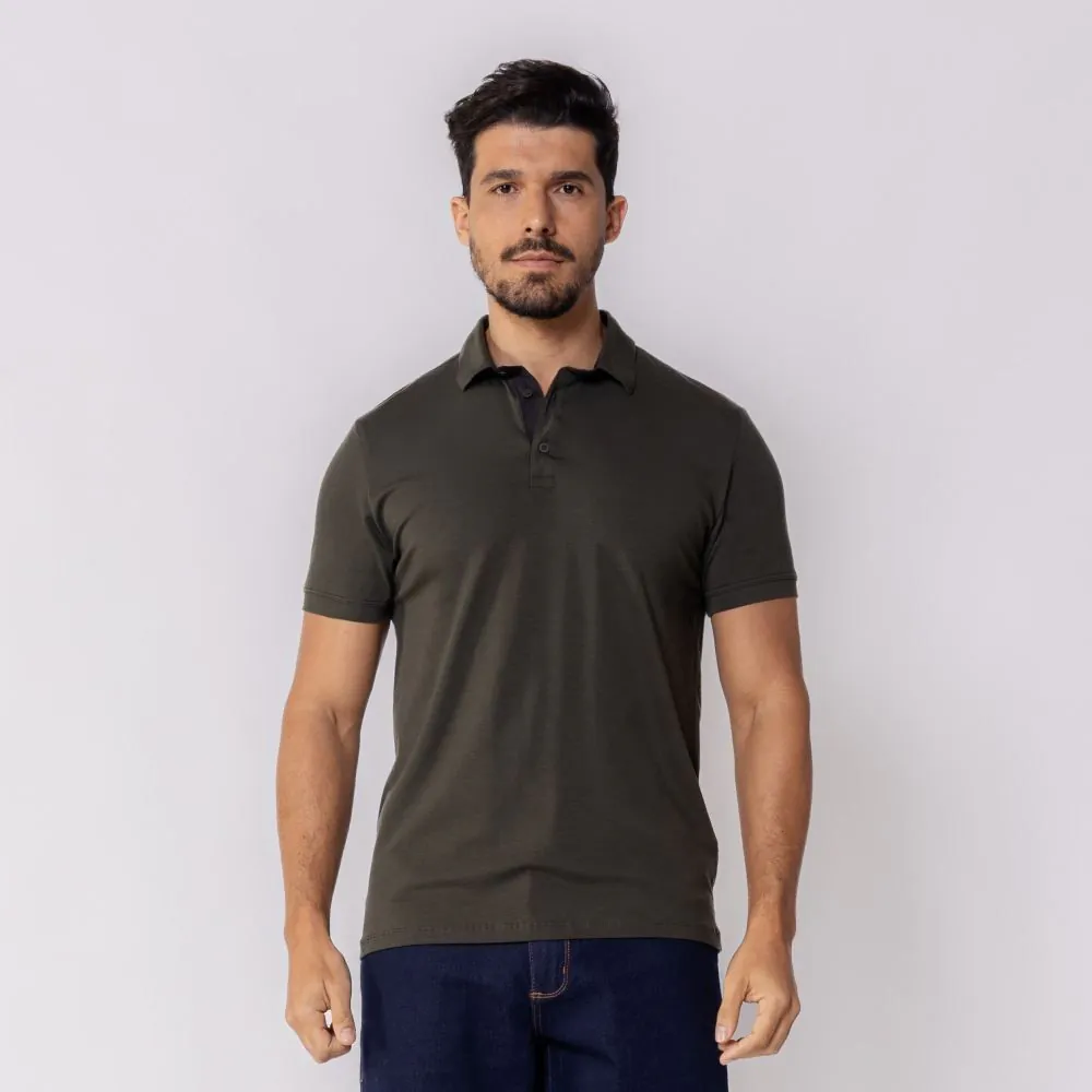 Camisa Polo Masculina Algodão Peruano Marc Alain Verde Militar