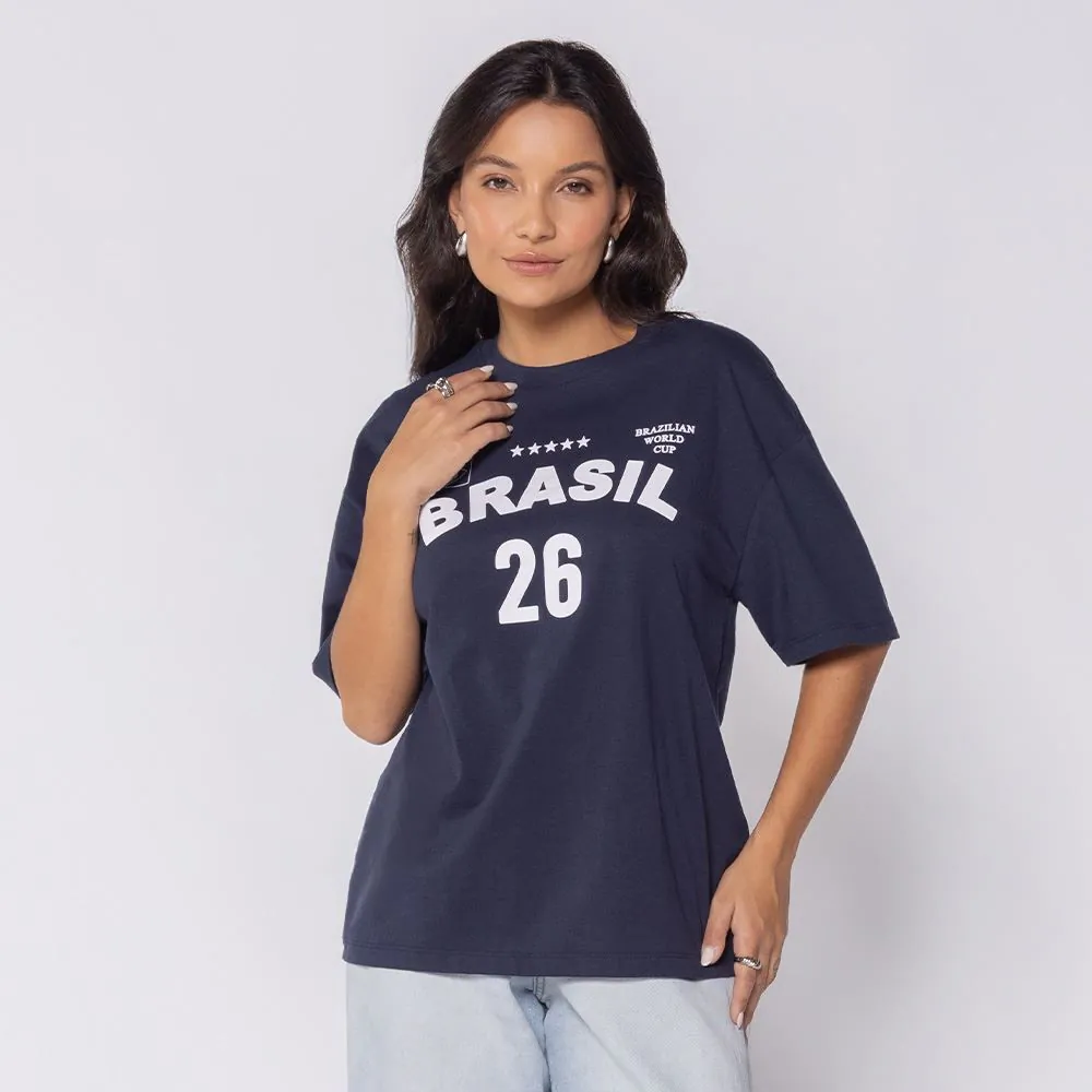 Camiseta do Brasil feminina azul marinho de algodão