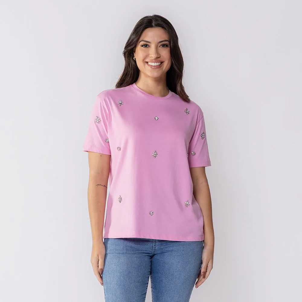 Camiseta Feminina com Pedraria Boby Blues Rosa Chichete