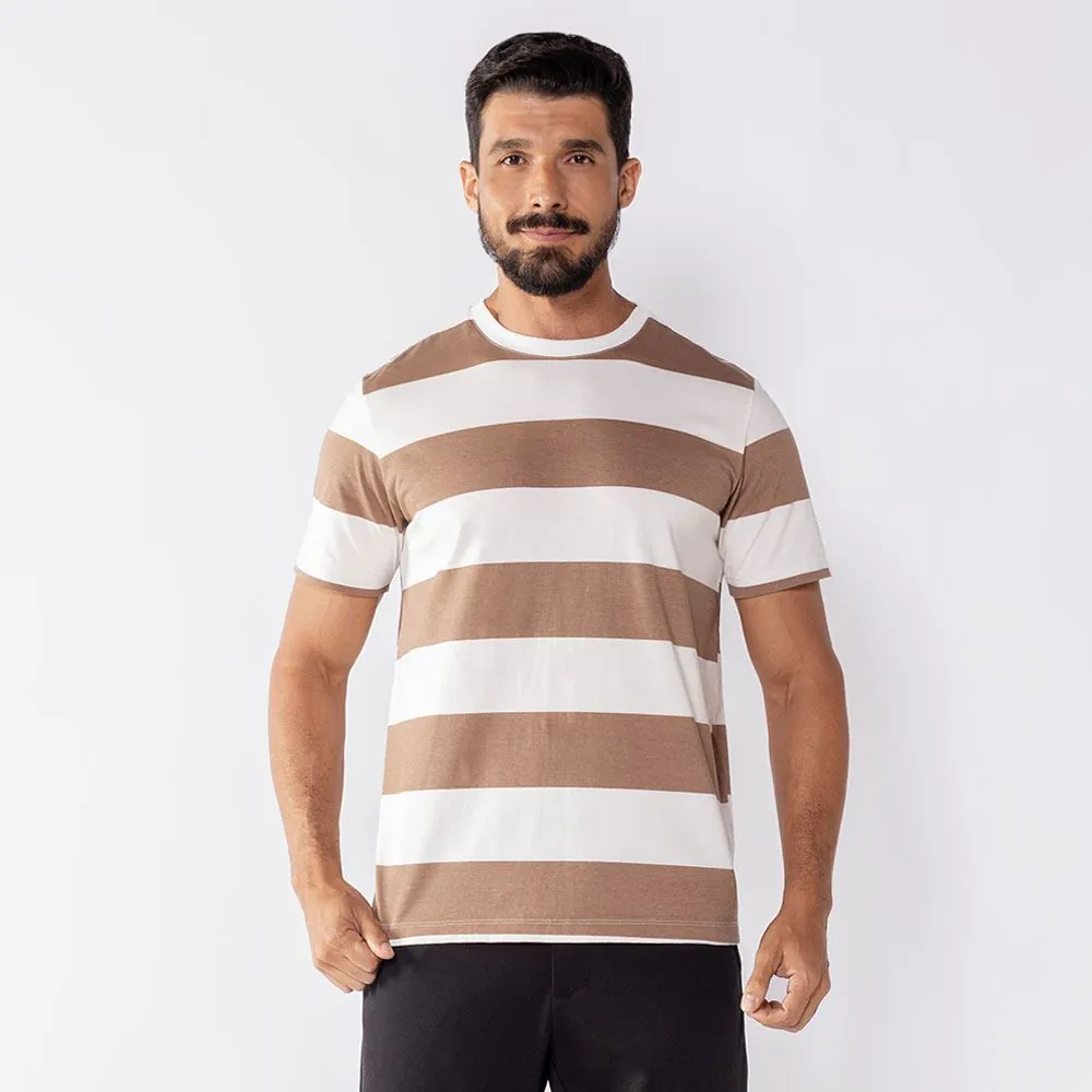 Camiseta Masculina Listrada em Algodão Thing Off C/ Amendoa