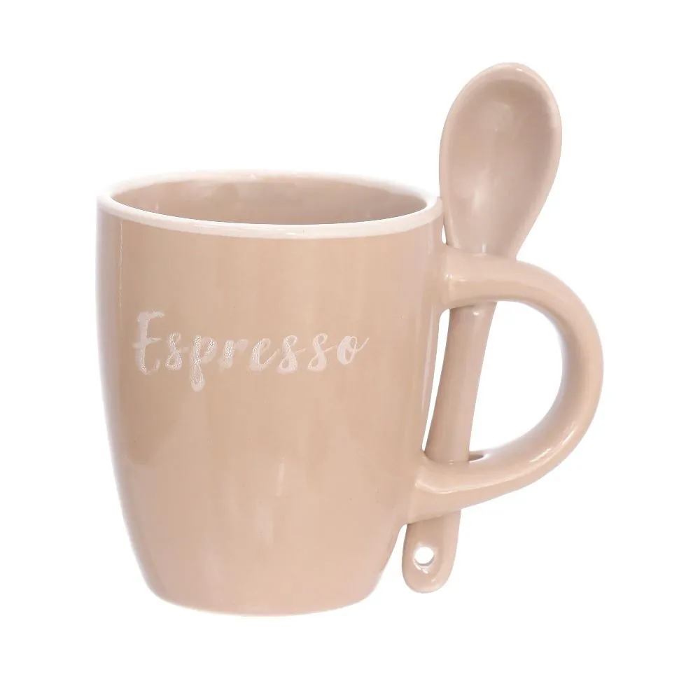 Caneca com Colher de Cerâmica Rustic Hauskraft 100Ml - Bege