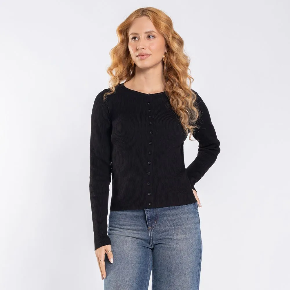 Cardigan Feminino de Tricot Canelado Boby Blues Preto