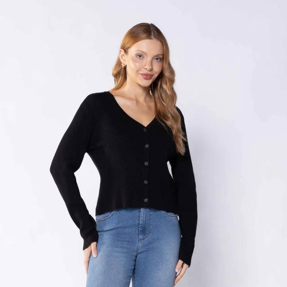 Cardigan Feminino de Tricot Canelado Boby Blues Preto