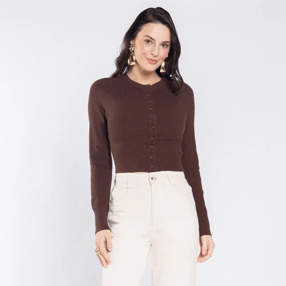Cardigan Feminino de Tricot com Botões Boby Blues Marrom
