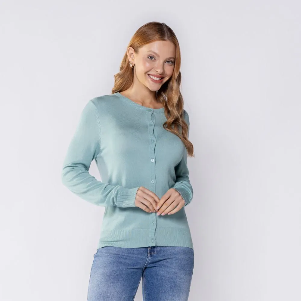 Cardigan Feminino de Tricot Decote Redondo Patricia Foster Verde Mineral